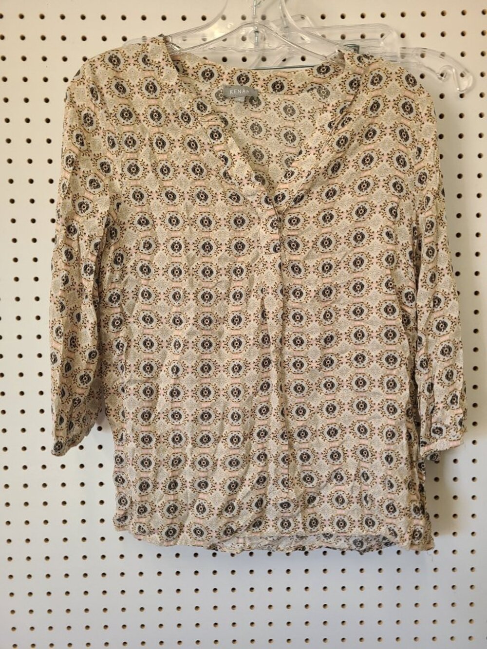 Kenar Womens Beige & Black Geometric Print Blouse 3/4 Sleeve V-Neck Size S